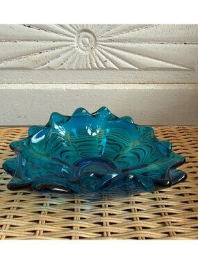 Vintage MCM Viking Blue Art Glass Crimped Scalloped Bowl Candy Dish